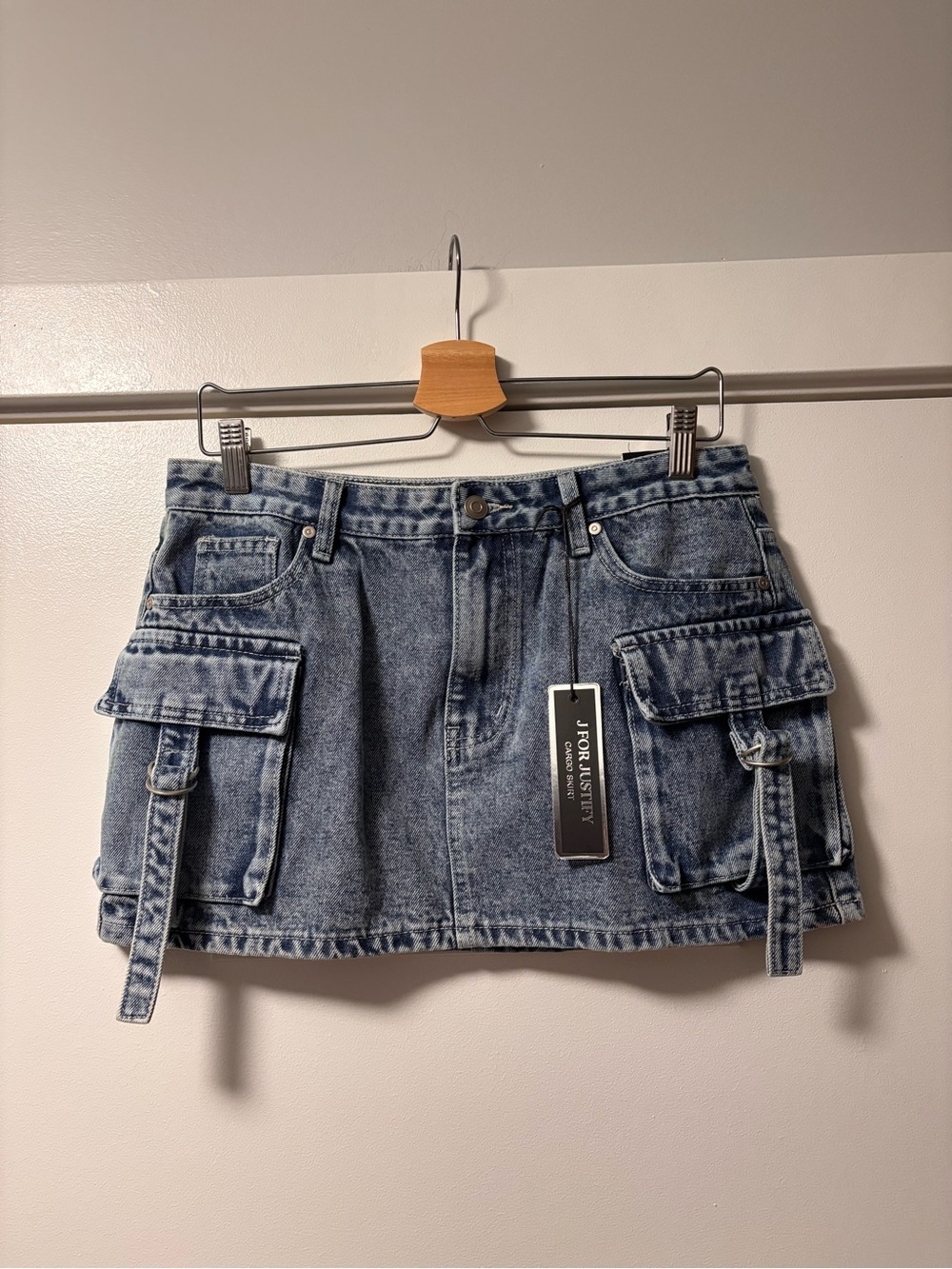 NWT J for Justify Faded Blue Pocket Cargo Denim Mini Skirt M - Picture 1 of 6